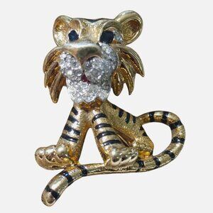 Jomaz Brooch Pin Vintage Gold Rhinestone Tiger Cat Black Enamel Stripes Crystal